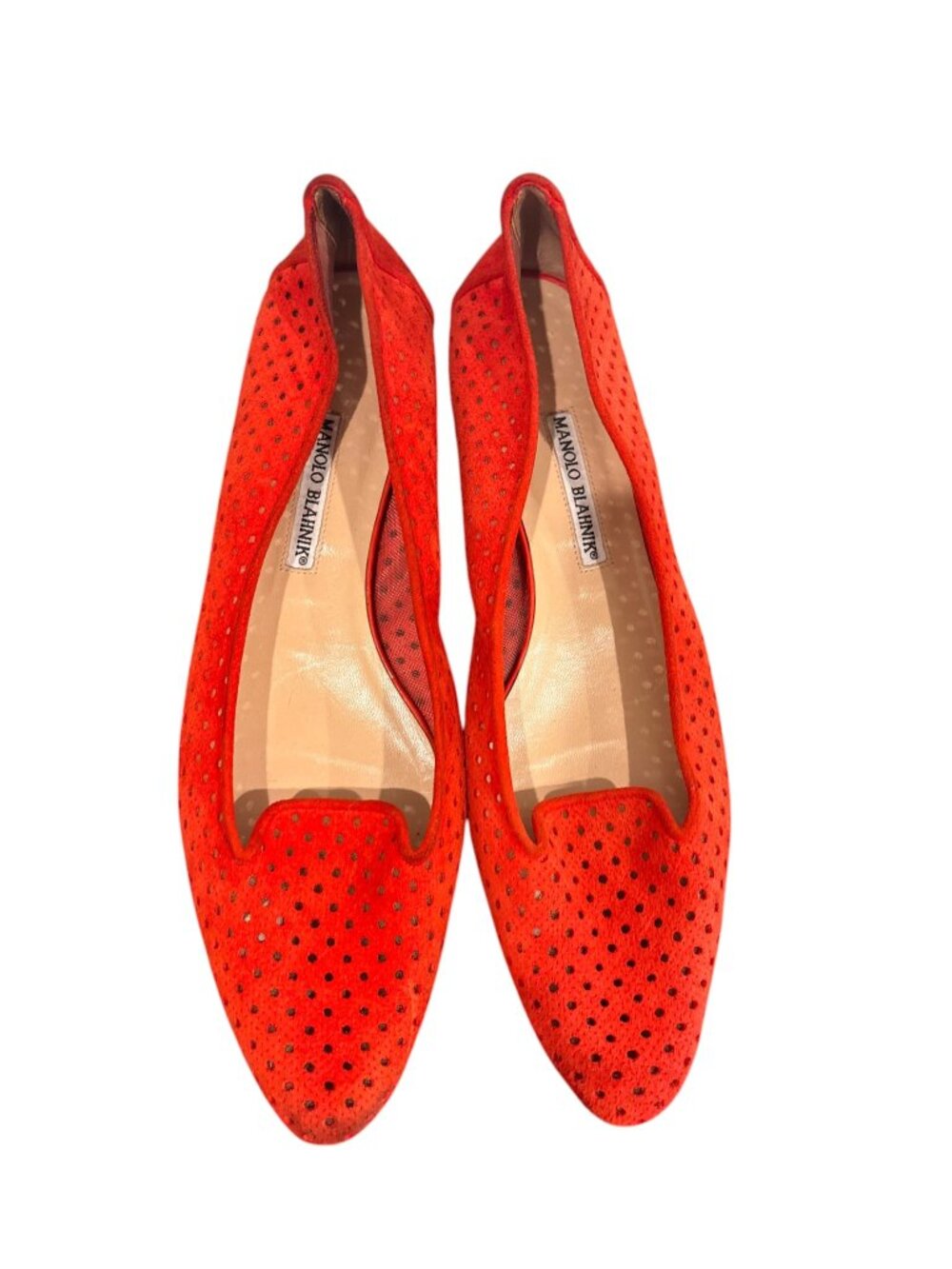 Manolo Blahnik Orange Eyelet Suede Flats Loafers Shoes 40.5 Italy